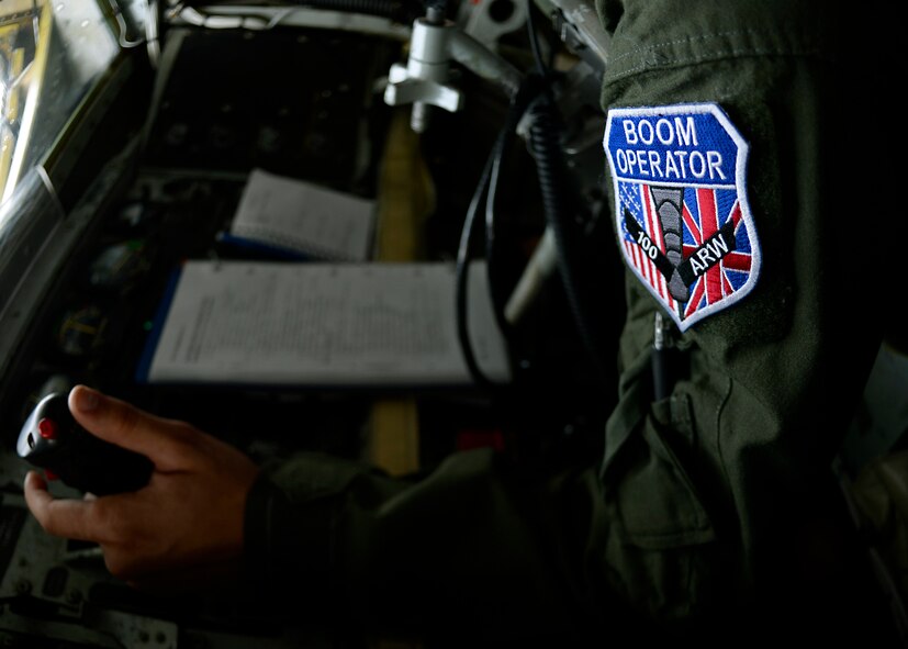 U.S. Air Force Airman Nicholas Sowder, 351st Air Refueling Squadron boom operator from Madrid, Iowa, mans the controls while participating in in a training event April 22, 2015, over the Baltic region. The Baltic Region Training Event serves as a way to promote interoperability, security and relations with allies and partners in the spirit of partnership for peace. (U.S. Air Force photo by Senior Airman Victoria H. Taylor/Released)