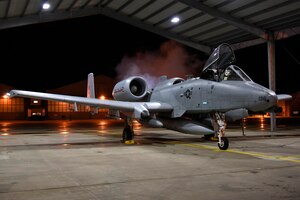 150411-Z-FN720-060 -- An A-10 Thunderbolt II starts engines on the flightline at Selfridge Air National Guard Base, Mich., April 11, 2015. The A-10's are being prepared for a six month deployment to Southwest Asia. (U.S. Air National Guard photo by Senior Airman Ryan Zeski/Released)