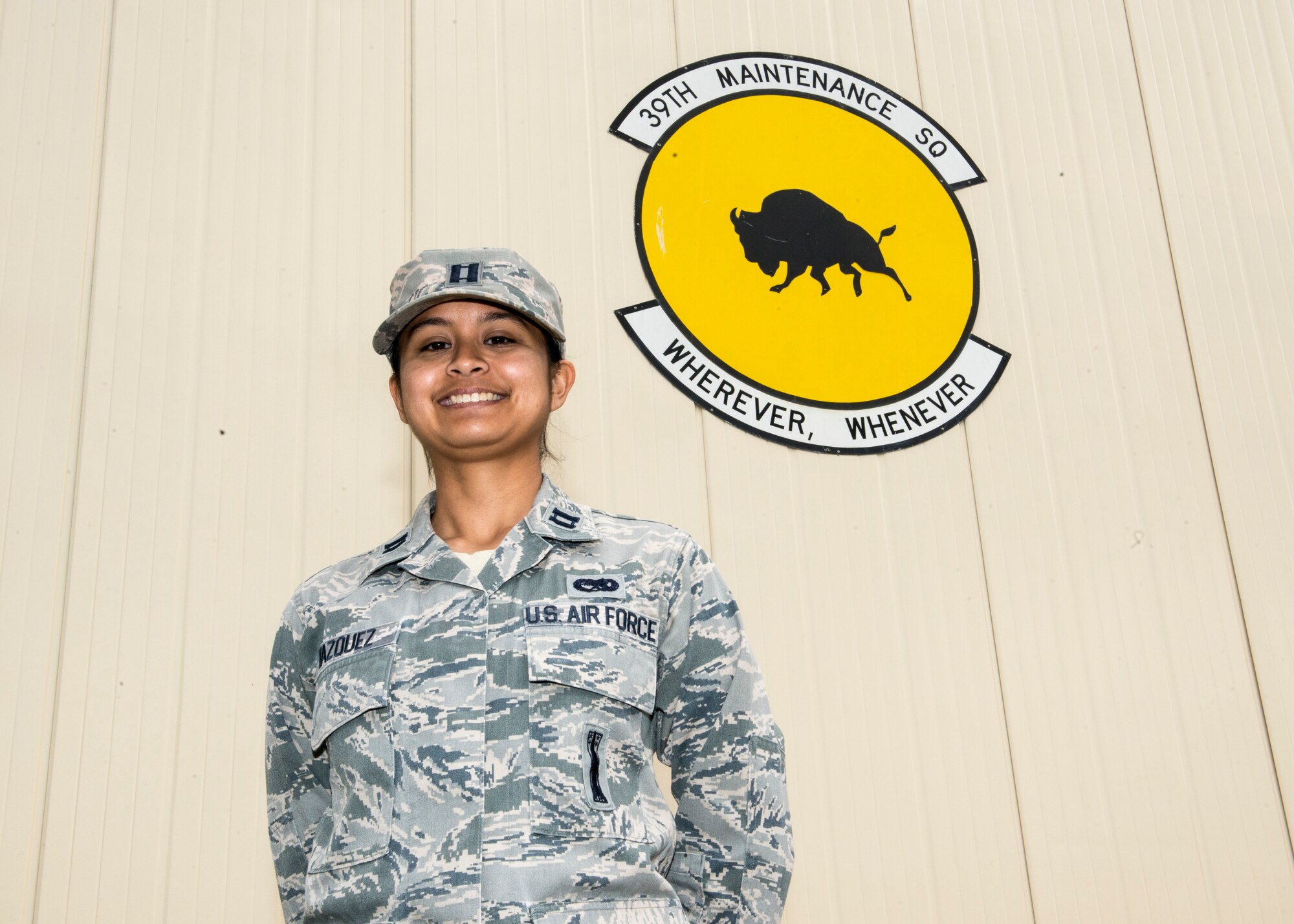 Capt. Claire Vazquez, 39th Maintenance Squadron munitions flight commander, poses for a photo April 20, 2015, at Incirlik Air Base, Turkey. On April 9, 2015, Capt. Vazquez was nominated to represent U.S. Air Forces in Europe and Air Forces Africa for the 2014 Katharine Wright Trophy. (U.S. Air Force photo by Airman 1st Class Cory W. Bush/Released)
