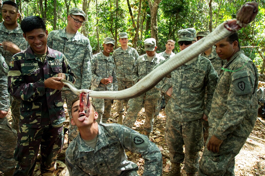A Filipino soldier holds a king cobra as a U.S. soldier drinks its blood during a jungle training exercise in Fort Magsaysay, Philippines, April 17, 2015. 
