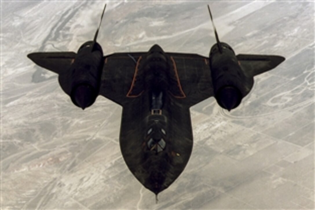 An SR-71A aircraft flies during an airborne refueling, February 1997. Jeff Dunford, a historian for the National Museum of the U.S. Air Force, describes the history of the Air Force SR-71 Blackbird, the world's fastest plane.