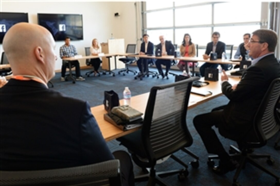 Defense Secretary Ash Carter has a roundtable meeting with veterans at Facebook Headquarters in Menlo Park, Calif., on April 23, 2015. Carter is on a two-day trip to Silicon Valley. Before visiting the company, Carter delivered a lecture at Stanford University, where he unveiled the Defense Department's new cyber strategy.