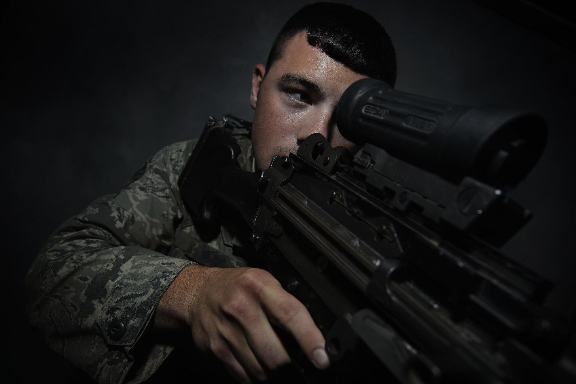 Senior Airman James is a fire team member assigned to the Expeditionary Security Forces Squadron at an undisclosed location in Southwest Asia. James is one of thousands of Security Forces Airmen who use Defender's Edge to prepare for high stress situations at home and abroad. (U.S. Air Force photo/Tech. Sgt. Christopher Boitz)
