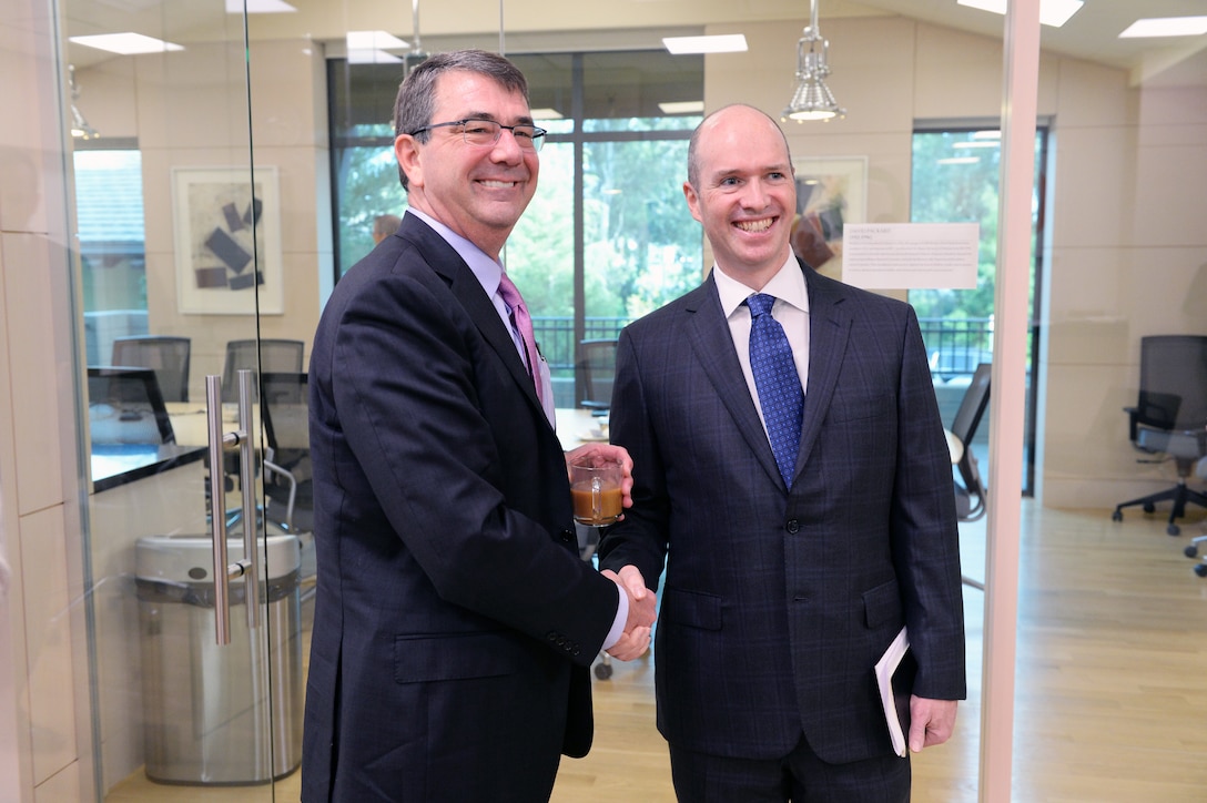 Defense Secretary Ash Carter meets with Ben Horowitz, co-founder and general partner at Andreessen Horowitz, A16Z Venture Partners, a multibillion dollar technology venture capital firm, in Menlo Park, Calif., April 24, 2015.