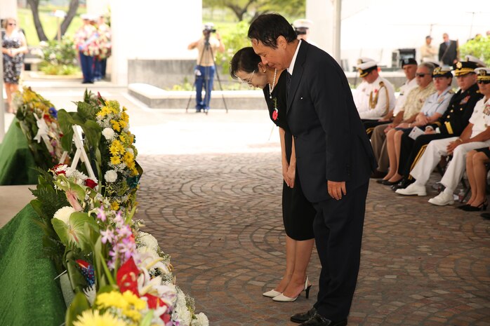 Toyoei Shigeeda, Consul-General of Japan, bows after laying a wreath during the ANZAC Day Ceremony April 25, 2015, at the National Memorial Cemetery of the Pacific. The day commemorated the 100th anniversary of the Gallipoli Campaign, fought by Australian-New Zealand Army Corps forces in World War I. The battle is remembered for the valiant men and the significant losses the nations both suffered. Those who fought are known as “ANZACS” and are honored in one of the most recognized holidays in the South Pacific.
