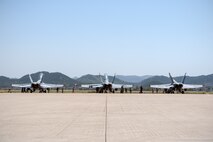 U.S. Marine Corps pilots from Marine Fighter Attack Squadron 225, currently deployed to Marine Corps Air Station Iwakuni, Japan, conduct pre-flight inspections of their F/A-18 Hornets during Exercise Max Thunder 15-1 at Gwangju Air Base, Republic of Korea, April 17, 2015. Max Thunder is a large-scale employment exercise designed to increase U.S. and ROK interoperability and ultimately enhance commitments to maintain peace in the region. (U.S. Air Force photo by Senior Airman Taylor Curry/Released) 