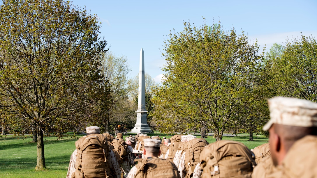 Marine Corps Air Facility Quantico personnel, from Marine Corps Base Quantico, Va., hike through Antietam National Battlefield, Sharpsburg, Maryland April 24, 2015. The hike and battle study was a professional military education opportunity and unit cohesion building event. The Battle of Antietam was the first invasion of the North by Confederate troops during the Civil War and the bloodiest one-day battle in American history.