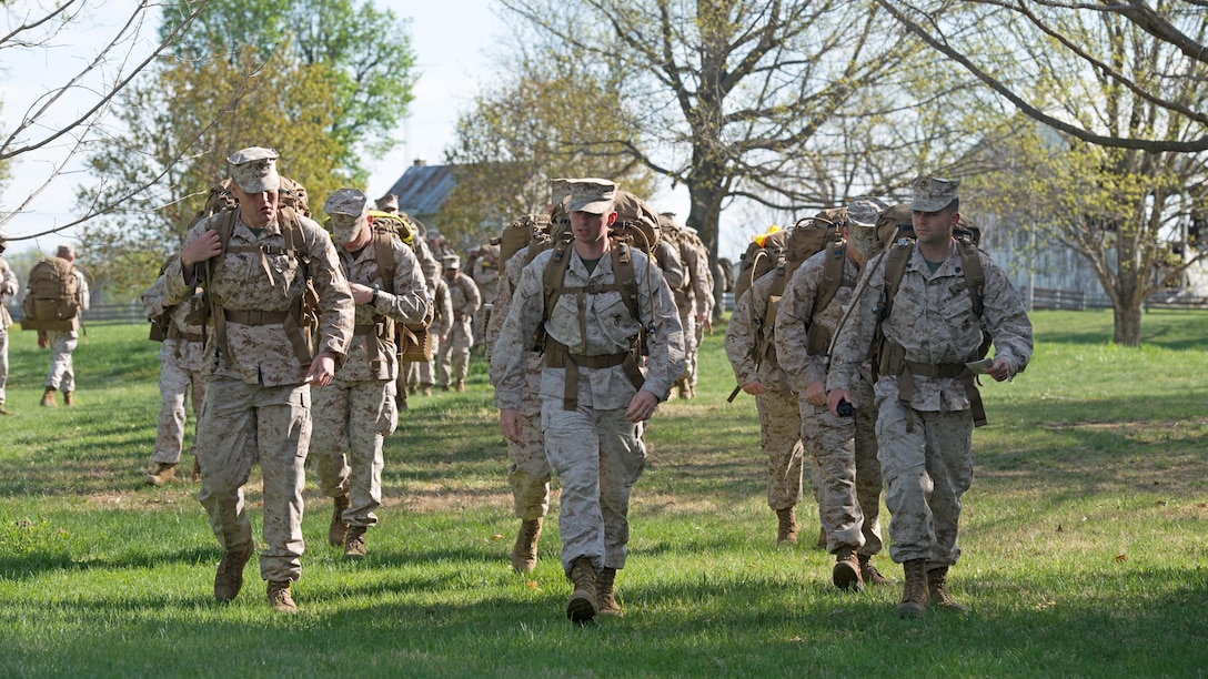 Marine Corps Air Facility Quantico personnel, from Marine Corps Base Quantico, Va., hike through Antietam National Battlefield, Sharpsburg, Maryland April 24, 2015. The Battle of Antietam was the first invasion of the North by Confederate troops during the civil war and the bloodiest one-day battle in American history.
