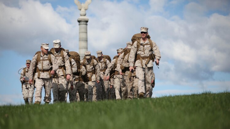 Marines with Marine Corps Air Facility Quantico, Virginia, conducted a 7.6-mile hike and professional military education event at the Antietam National Battlefield at Sharpsburg, Maryland, April 23-24. During the hike, the Marines stopped at various points to learn what took place on the battlefield during the Battle of Antietam. 