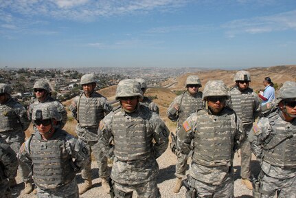 Members of the California National Guard stand in formation before undertaking operations on California's Southern border. Slightly more than 1,200 National Guard members from the four Southwest border states are in training or already deployed in support of the border mission