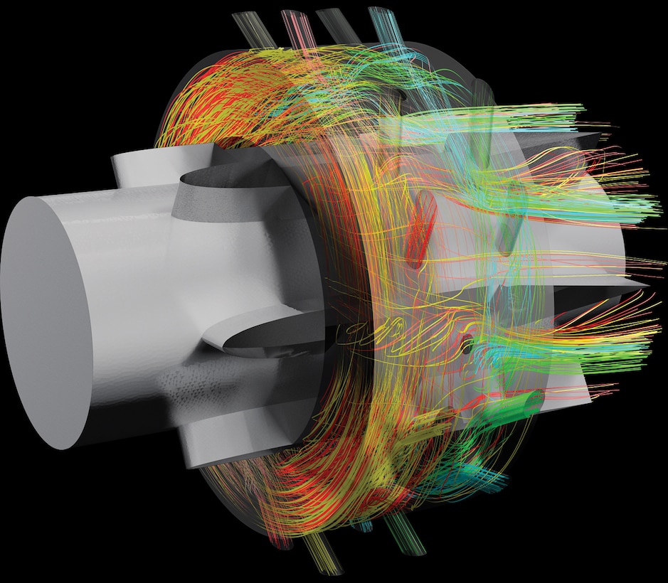 An image from an advanced computer simulation of flow efficiency in a turbine tank engine; performed on the High Performance Computing Modernization Program’s supercomputers. Large-scale computer simulations like this one performed by Department of Defense (DOD) scientists and engineers help the DOD rapidly transition new technologies from idea to deployable product.