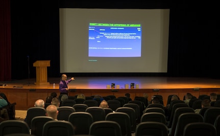 Joseph Butta, an analyst who specialized in issues related to the Middle East, provided a presentation on Islamic literalism April 27, 2015, at Joint Base Charleston, S.C. Butta was joined by Ray Semko, a retired counterintelligence special agent for the Army and the Defense Intelligence Agency. Semko provided security awareness and operational security training. The briefings were used to educate Airmen, Sailors and civilians on today’s threats against the Western world. (U.S. Air Force photo/Senior Airman Jared Trimarchi)  