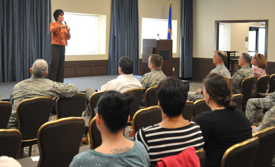 Shelly Monahan-Cain, a sexual assault survivor, shares how she thanks God for giving her the strength to talk about rape after being a victim of sexual assault April 21, 2015 in the Red Morgan Center at Fairchild Air Force Base, Wash. Monahan is a sexual assault survivor and was one of 40 victims of a high profile criminal in the late 1970s and early 1980s named the South Hill Rapist. She has given more than 4,000 sexual assault and rape recovery talks across the country to women’s and men’s groups, high schools, middle schools and church groups. (U.S. Air Force photo/Staff Sgt. Samantha Krolikowski)