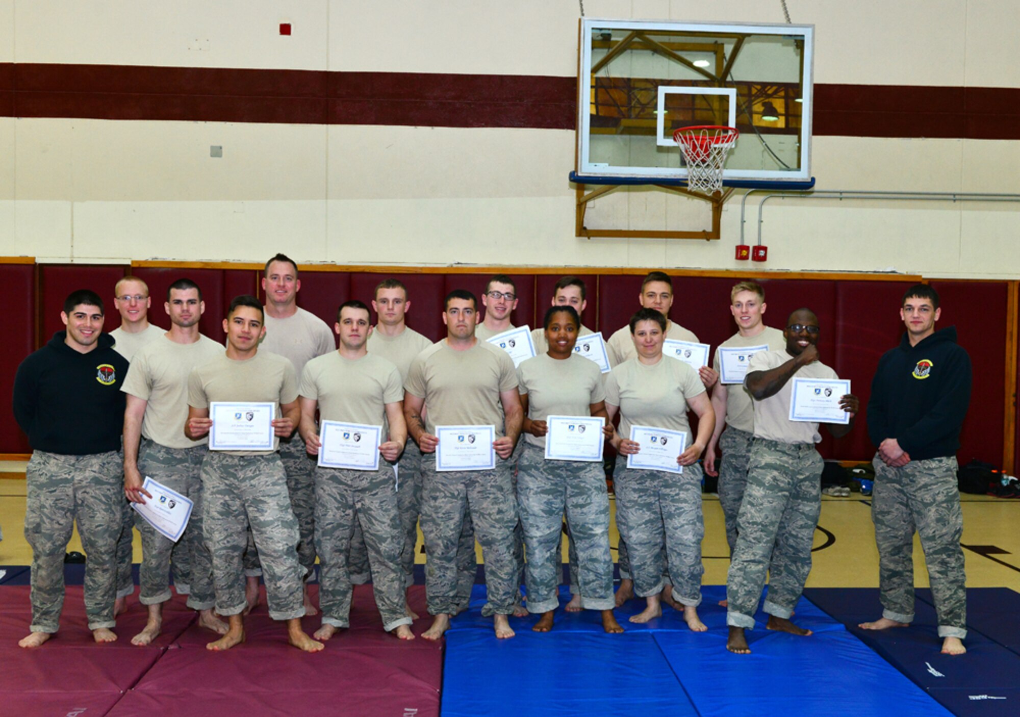 Members of the 39th Security Forces Squadron pose for a photo after graduating the basic combat arms course April 24, at Incirlik Air Base, Turkey. The five-day course is designed to teach the defenders basic combative moves to use on and off duty. (U.S. Air Force photo by Senior Airman Michael Battles/Released) 