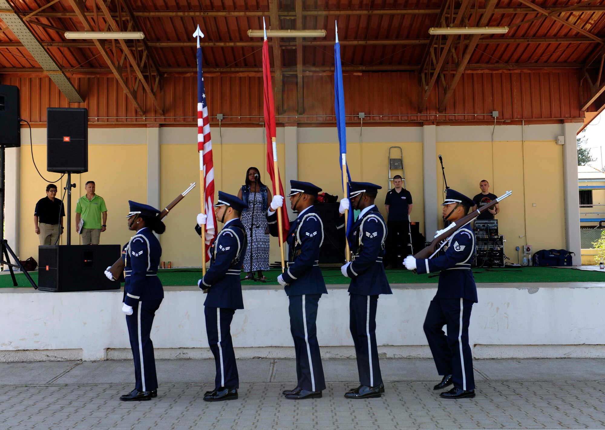 Incirlik Air Base Honor Guard guardsmen perform the opening ceremony for the 2015 Spring Fling April 25, 2015, at Incirlik Air Base, Turkey. The annual Spring Fling celebrates the start of spring with food, music, performances by children, games and crafts. (U.S. Air Force photo by Senior Airman Krystal Ardrey/Released)