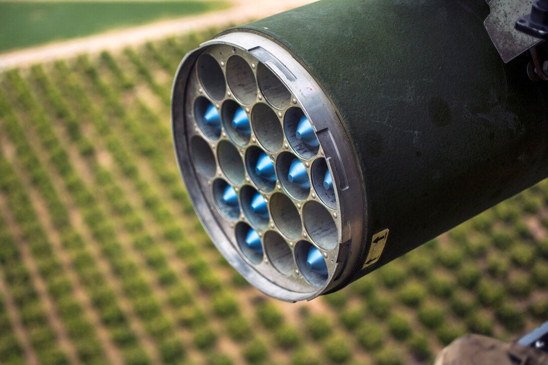 These 2.75-inch inert rockets are mounted to a Marine Corps UH-1Y Venom helicopter for Final Exercise 3 during the Weapons and Tactics Instructor Course 2-15 near Yuma, Ariz., April 25, 2015.