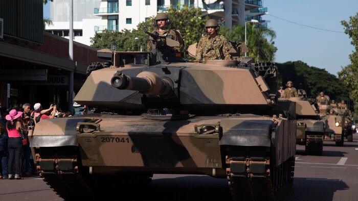 Armored vehicles with the Australian Army drive down the street during the Australian and New Zealand Army Corps Day Parade April 25 in Darwin, Northern Territory, Australia. ANZAC Day commemorates the landing of Australian and New Zealand troops on the Gallipoli peninsula April 25, 1915. This year marked the 100th anniversary of the landing. Marines with the Marine Rotational Force – Darwin participated in the ceremonies by lying a wreath on the cenotaph and marching in parades. MRF-D is an excellent opportunity to improve our knowledge of one another’s customs and traditions which ultimately strengthen our military interoperability. 