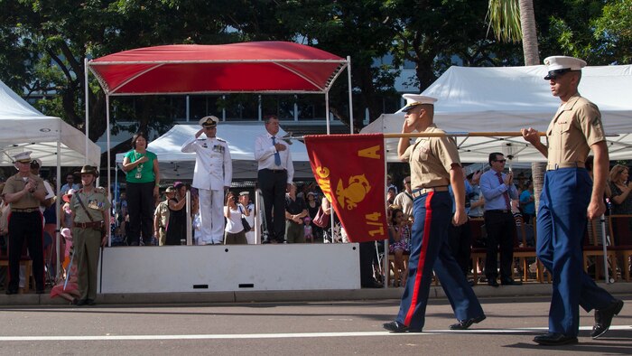 Commodore Brenton Smyth returns a salute to U.S. Marines with Company A during the Australian and New Zealand Army Corps Day Parade April 25 in Darwin, Northern Territory, Australia. ANZAC Day commemorates the landing of Australian and New Zealand troops on the Gallipoli peninsula April 25, 1915. This year marked the 100th anniversary of the landing. Smyth is the commander of Northern Command, Australian Defence Force. Company A is with 1st Battalion, 4th Marine Regiment, Marine Rotational Force - Darwin. MRF-D is an excellent opportunity to improve our knowledge of one another’s customs and traditions which ultimately strengthen our military interoperability. 
