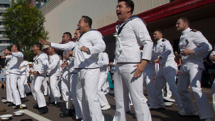 Sailors with the Royal New Zealand Navy perform “Haka," or the Dance of War, to end the Australian and New Zealand Army Corps Day Parade April 25 in Darwin, Northern Territory, Australia. ANZAC Day commemorates the landing of Australian and New Zealand troops on the Gallipoli peninsula April 25, 1915. “Haka” is a traditional Māori dance that is performed during ceremonies and celebrations to honor guests and show the importance of the occasion. This year marked the 100th anniversary of the landing. Marine Rotational Force - Darwin is an excellent opportunity for Marines and members of the Australian Defence Force to improve our knowledge of one another’s customs and traditions which ultimately strengthen our military interoperability. 