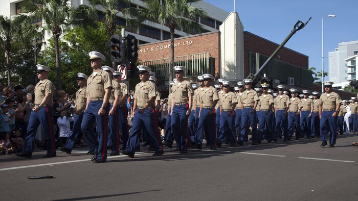 U.S. Marines march in the Australian and New Zealand Army Corps Day Parade April 25 in Darwin, Northern Territory, Australia. ANZAC Day commemorates the landing of Australian and New Zealand troops on the Gallipoli peninsula April 25, 1915. This year marked the 100th anniversary of the landing. Marine Rotational Force - Darwin is an excellent opportunity to improve our knowledge of one another’s customs and traditions which ultimately strengthen our military interoperability. The Marines are with 1st Battalion, 4th Marine Regiment, MRF-D. 