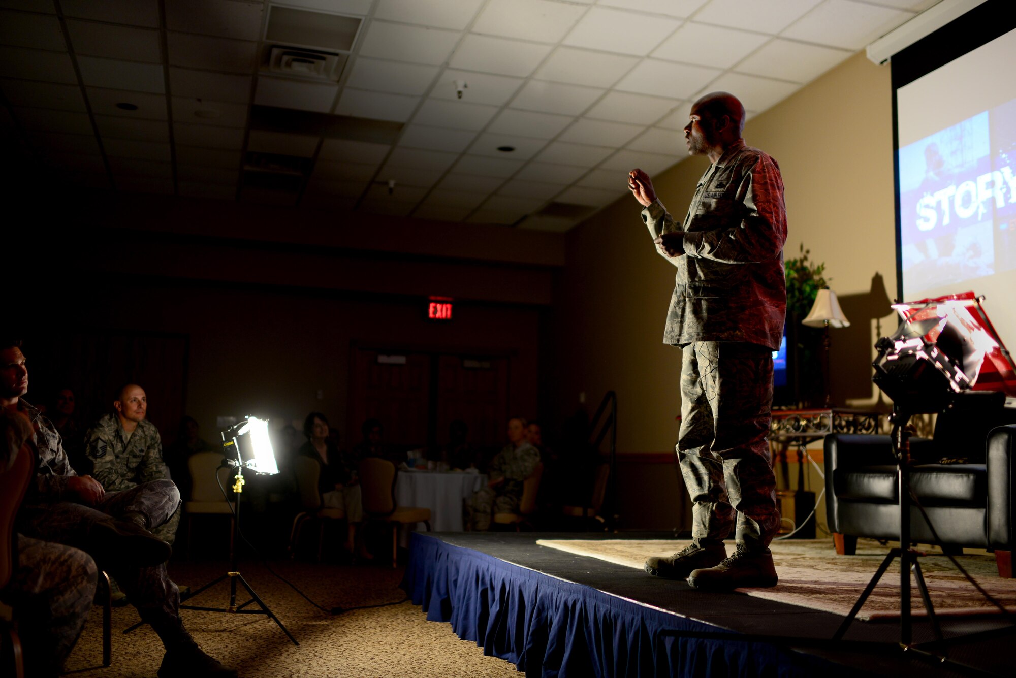 U.S. Air Force Maj. Ahave Brown, 27th Special Operations Aircraft Maintenance Squadron commander, shares his story from growing up on the streets of Baltimore, M.D., to leading a squadron at a Storytellers luncheon April 15, 2015 at Cannon Air Force Base, N.M. Brown spoke of his transformation at the hands of several strong mentors and learning experience who helped shape him into the person he is today. (U.S. Air Force photo/Airman 1st Class Shelby Kay-Fantozzi)