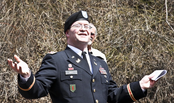 Thanking everyone for attending, Lt. Col. Gerald Dull, Pittsburgh District deputy commander, praised the good weather at the ribbon cutting at the Tub Run Campground in Confluence, Pa., April 9.
