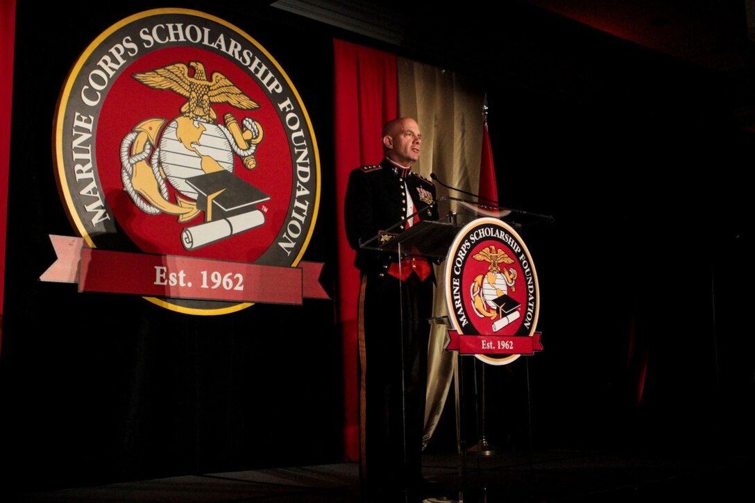 Guest of honor, Lt. Gen. David Berger, the commanding general of I Marine Expeditionary Force, delivers his remarks at the Marine Corps Scholarship Foundation dinner April 25, 2015 at the Hilton Ballroom, Del Mar, California. The foundation provides college scholarships to the children of Marines and Navy Corpsmen.