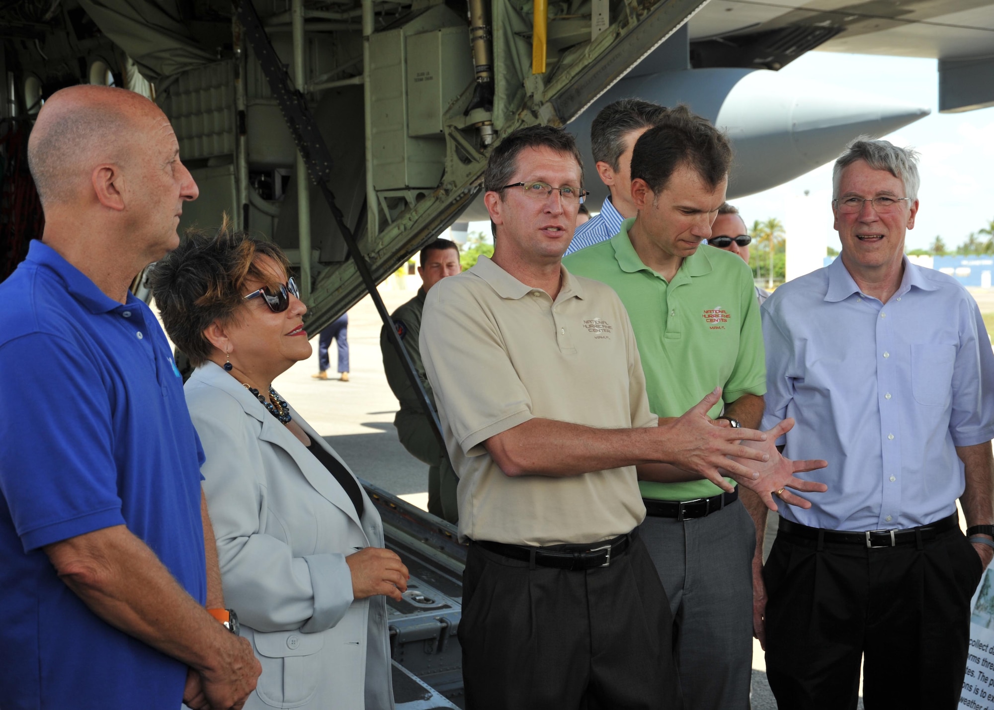 Dr. Richard Knabb, National Hurricane Center director, with Gloria Ceballos, left, chief of the Dominican Republic meteorology office, brief the media about the Coastal Inundation Forecasting Demonstration project during the Caribbean Hurricane Awareness Tour April 23, 2015, at the Santo Domingo airport, Dominican Republic. The CIFD a collaborative project between the United States, Dominican Republic and Haiti designed to improve forecasting, modeling and warning for the storm surge hazard throughout the Caribbean. More lives are lost to storm surge than any other hurricane hazard. (U.S. Air Force photo/Maj. Marnee A.C. Losurdo) 
