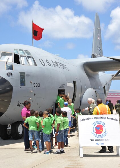 More than 500 students from Bonaire toured a WC-130J flown by the 53rd Weather Reconnaissance Squadron, better known as the “Hurricane Hunters,” April 22, 2015, during the Caribbean Hurricane Awareness Tour. The outreach program, which began in the 1970's and is a joint effort between National Oceanic and Atmospheric Administration's National Hurricane Center and the 403rd Wing's 53rd Weather Reconnaissance Squadron, promotes hurricane awareness and preparedness throughout the Caribbean region. (U.S. Air Force photo/Maj. Marnee A.C. Losurdo)
