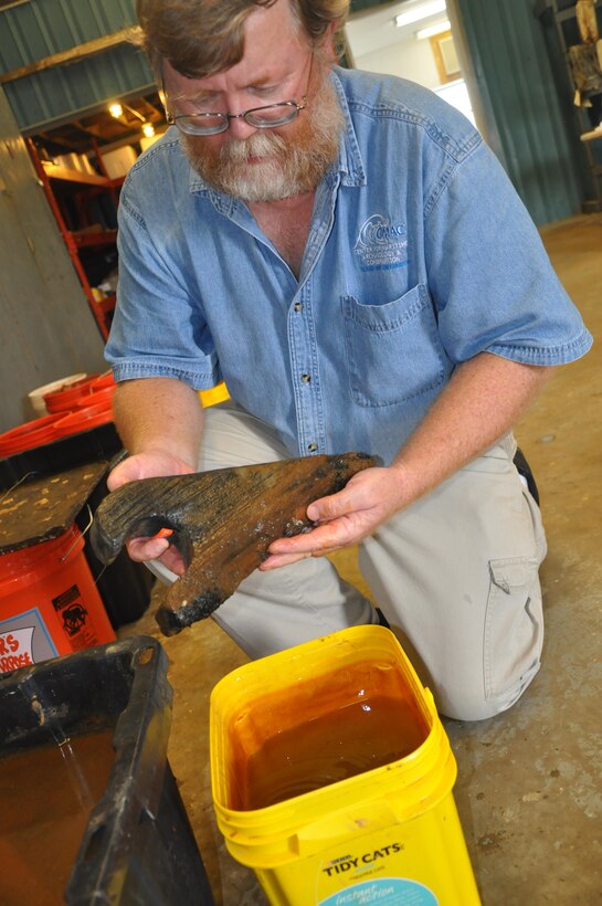 Panamerican Divers conduct daily dives in the Savannah River as part of the ongoing CSS Georgia recovery Effort. Jim Jobling, a project manager with Texas A&M University’s Conservation Research Laboratory, displays part of a wooden cleat, which was used to guide lines into position on the deck of a ship.