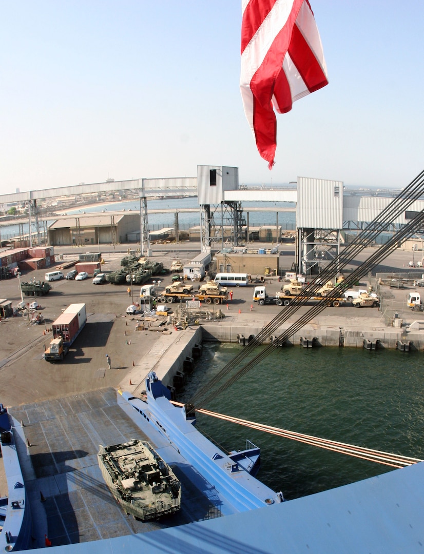 A Stryker vehicle drives aboard a cargo vessel Sept. 12, 2010 at the Sea Port of Debarkation in Kuwait, where 1st Lt. Shawn E. Britton, a Florida National Guard Soldier with Battery B under 2nd Battalion, 116th Field Artillery Regiment, and his fellow Seminole Soldiers have been pulling security since March.