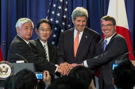 NEW YORK CITY, NY (Apr.27, 2015) - U.S. Defense Secretary Ash Carter, far right, and U.S. Secretary of State John F. Kerry, second from right, shake hands with Japanese Defense Minister Gen Nakatani, far left, and Japanese Foreign Minister Fumio Kishida after a joint press conference.  