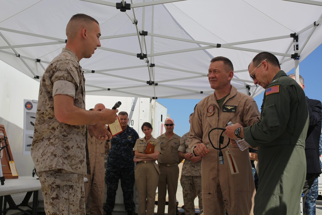 Cpl. Clayton Mantz, a solder technician with Marine Aviation Logistics Squadron 39 and a Wetumpka, Alabama, native, conducts a presentation during ‘Boots on the Ground’ aboard Marine Corps Air Station Camp Pendleton, California, April 27. Leaders from the Naval Aviation Enterprise visited elements of Marine Aircraft Group 39 during this event, linking NAE representatives with Marines and Sailors working with aircraft. (U.S. Marine Corps photo by Sgt. Melissa Wenger/Released)