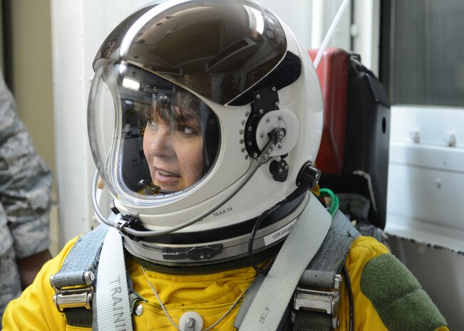 Dr. Mica Endsley, Chief Scientist of the U.S. Air Force, sits in an altitude chamber in preparation for a U-2 Dragon Lady high-altitude flight at Beale Air Force Base, Calif., April 23, 2015. Endsley’s mission is to serve as the chief scientific adviser to the Chief of Staff and Secretary of the Air Force, and provide assessments on a wide range of scientific and technical issues affecting the Air Force mission. (U.S. Air Force photo by John Schwab/Released)