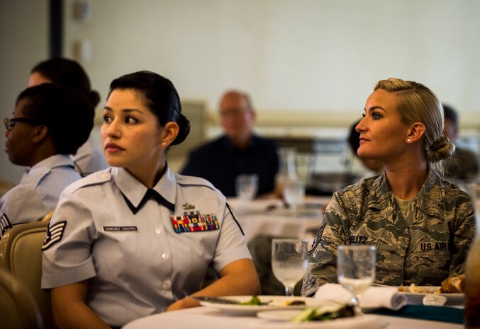 Team Charleston victim advocates listen to Maj. Gen. Gina Grosso, U.S. Air Force Sexual Assault Prevention and Response director, speech during a victim advocate recognition luncheon April 21, 2015, at Joint Base Charleston, S.C. The victim advocate program is spearheaded by the Sexual Assault Prevention and Response Office to ensure a compassionate and effective response for victims of sexual assault. (U.S. Air Force photo by Senior Airman Marianique Santos)