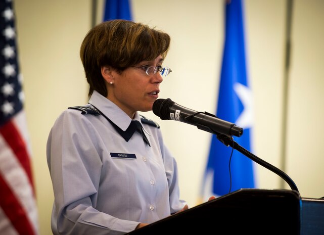 Maj. Gen. Gina Grosso, U.S. Air Force Sexual Assault Prevention and Response director, addresses base leadership and victim advocates during a victim advocate recognition luncheon April 21, 2015, at Joint Base Charleston, S.C. The victim advocate program is spearheaded by the Sexual Assault Prevention and Response Office to ensure a compassionate and effective response for victims of sexual assault. (U.S. Air Force photo by Senior Airman Marianique Santos)