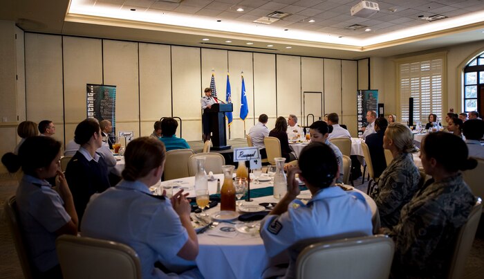 Maj. Gen. Gina Grosso, U.S. Air Force Sexual Assault Prevention and Response director, addresses base leadership and victim advocates during a victim advocate recognition luncheon April 21, 2015, at Joint Base Charleston, S.C. The victim advocate program is spearheaded by the Sexual Assault Prevention and Response Office to ensure a compassionate and effective response for victims of sexual assault. (U.S. Air Force photo by Senior Airman Marianique Santos)