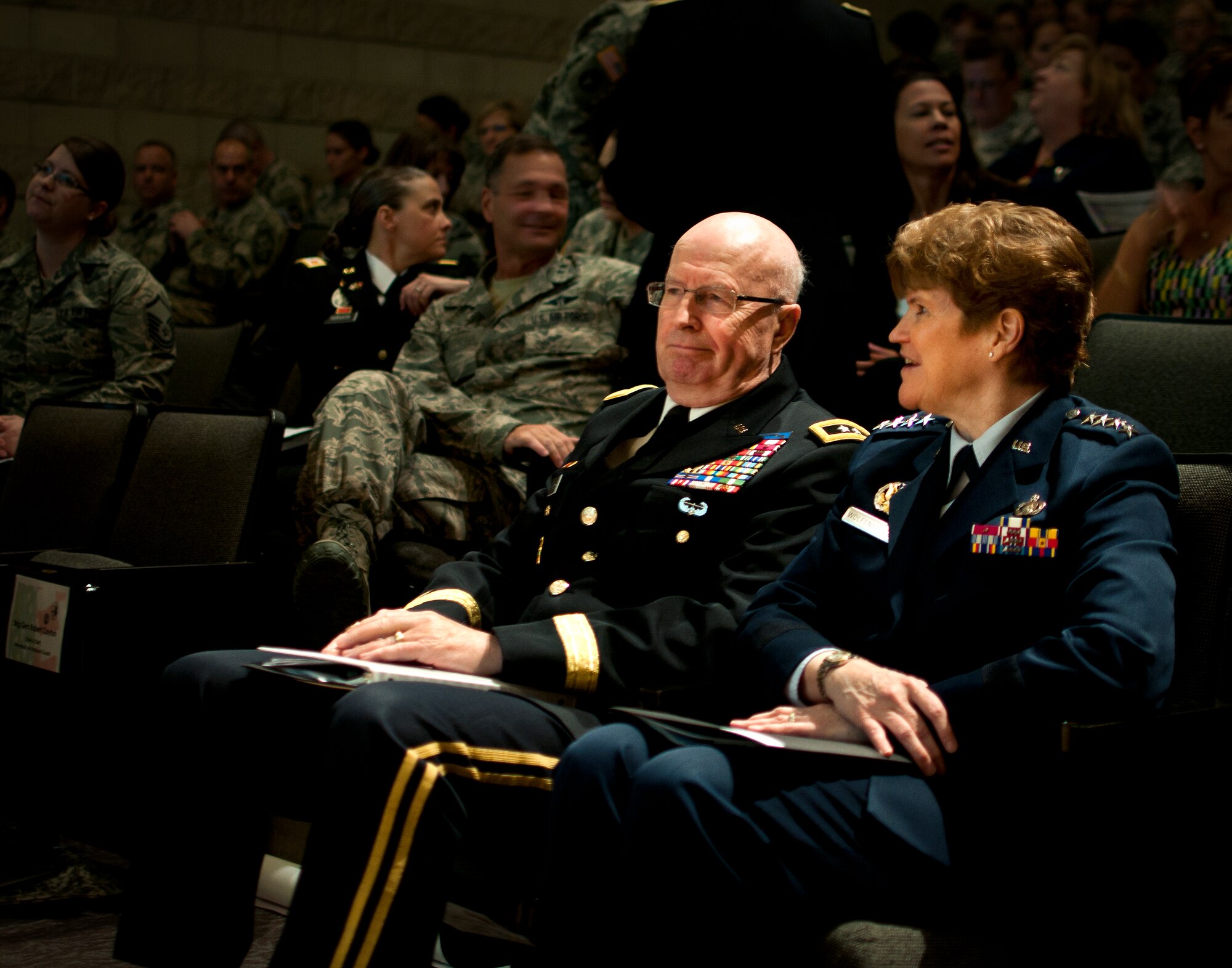 U.S Air Force Gen. Janet Wolfenbarger, Commander of the Air Force Material Command, speaks at the first annual Joint Female Professional Development Training Symposium in St. Paul, Minn., April 18, 2015. The symposium focused on personal and professional development of female airmen and soldiers in the military. The symposium topics included resiliency and retention, exposure to extraordinary female leadership, and also included activities that supported inclusion and diversification of thought and talent.
 (Minnesota National Guard photo by Staff Sgt. Austen Adriaens/ Released)
