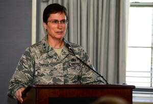 U.S. Air Force Maj. Gen. Theresa Carter, Air Force Installation and Mission Support Center commander, provides remarks during the AFIMSC Detachment 8 assumption of command at Joint Base Langley-Eustis, Va., April 24, 2015. Col. Russell Hula assumed command of the newly-formed detachment. (U.S. Air Force photo by Senior Airman Kayla Newman/Released)