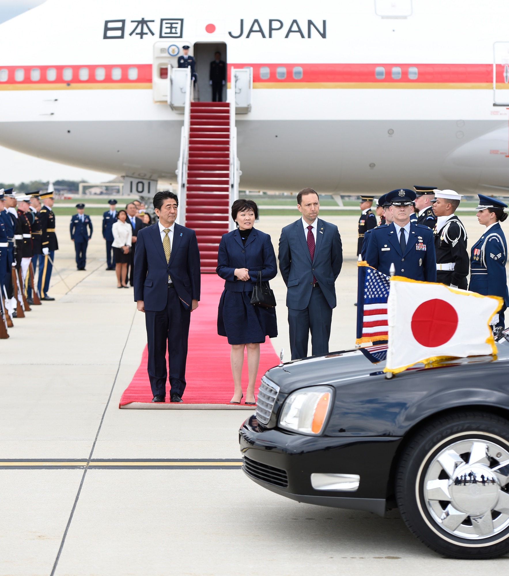 Shinzō Abe, Japanese Prime Minister, and his wife, Akie Abe, await ground transportation after arriving at Joint Base Andrews, Md., April 27, 2015. Abe is in the U.S. for a week-long visit to promote stronger military and economic ties. (U.S. Air Force photo/Airman 1st Class Ryan J. Sonnier)