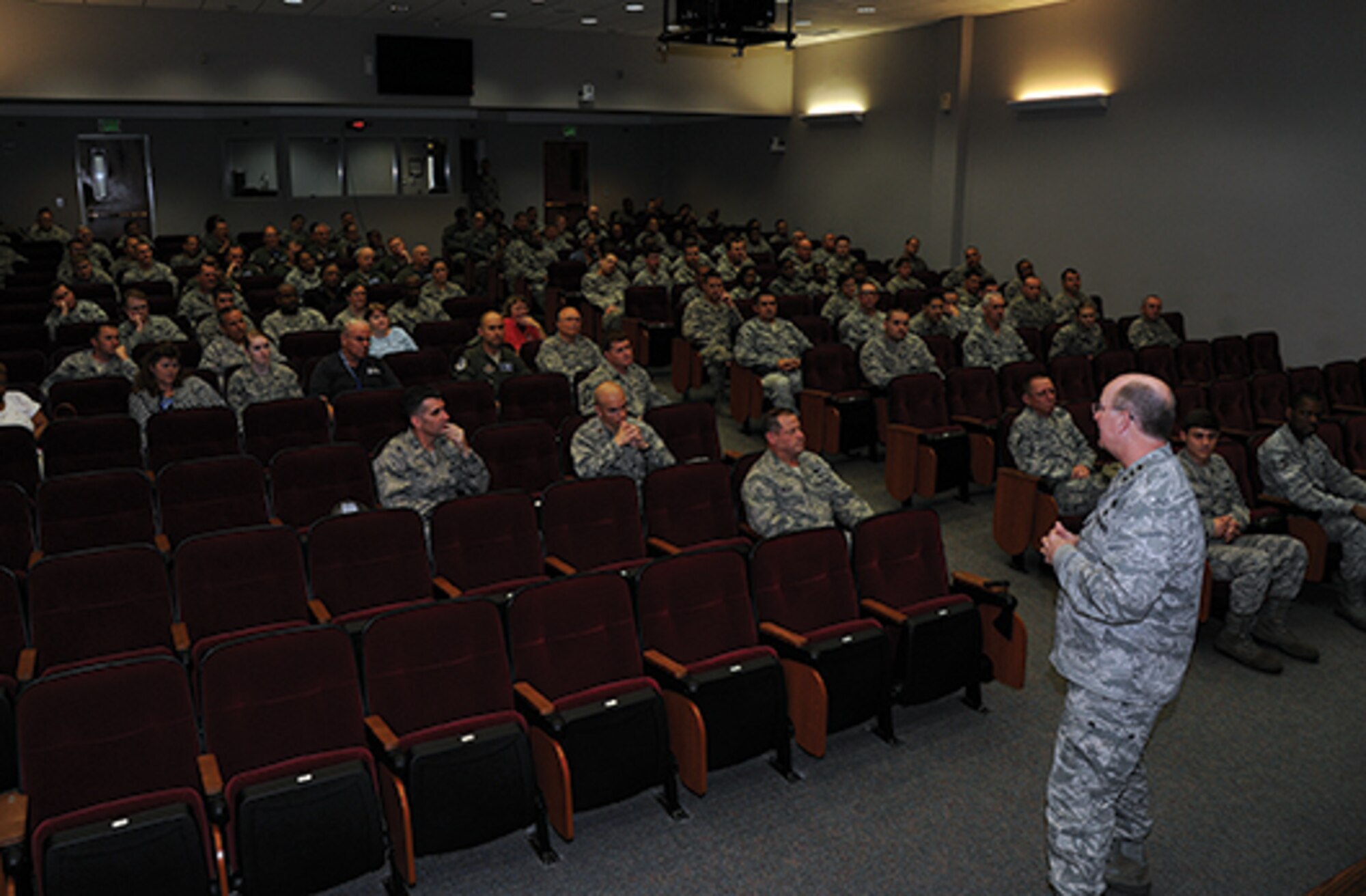 AFRC Commander Lt. Gen. James Jackson answers questions from members of the 908th Airlift Wing during an all-hands call. (photo by Lt. Col. Jerry Lobb)