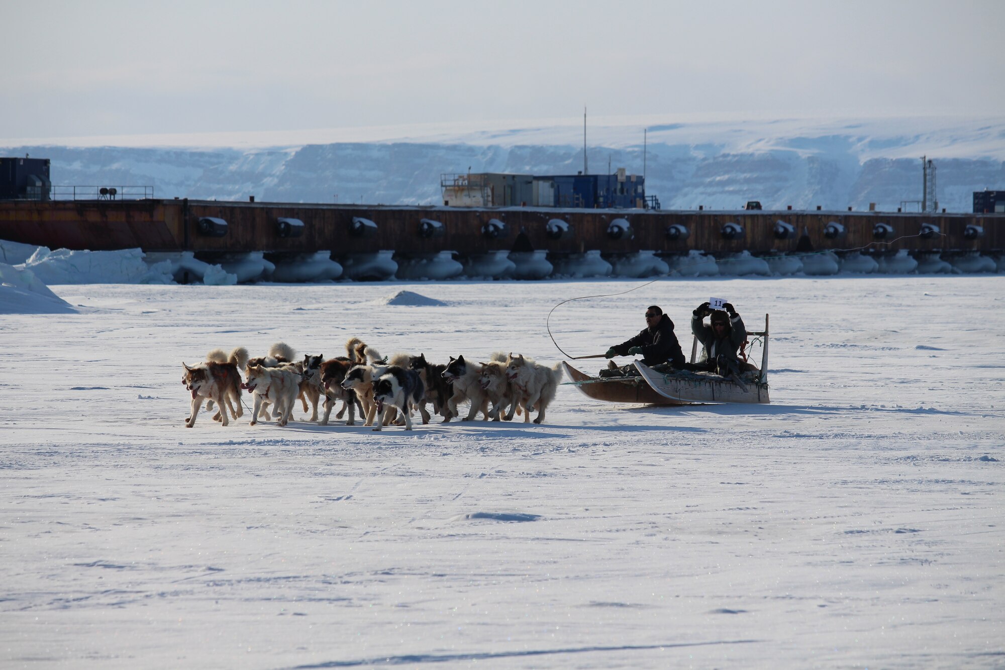 THULE AIR BASE, Greenland – Greenlandic dogsled teams race to the finish during the Thule Armed Forces Day celebration April 5, 2015. Armed Forces Day is an annual event where Thule AB opens its gates to promote interaction and a cultural learning experience with local Greenlandic villagers through dogsled races, craft sales, a buffet at the Top of the World Club and a chance for a ride in an Air Greenland helicopter. (U.S. Air Force by 1st Lt. Alexandra Swanson)  