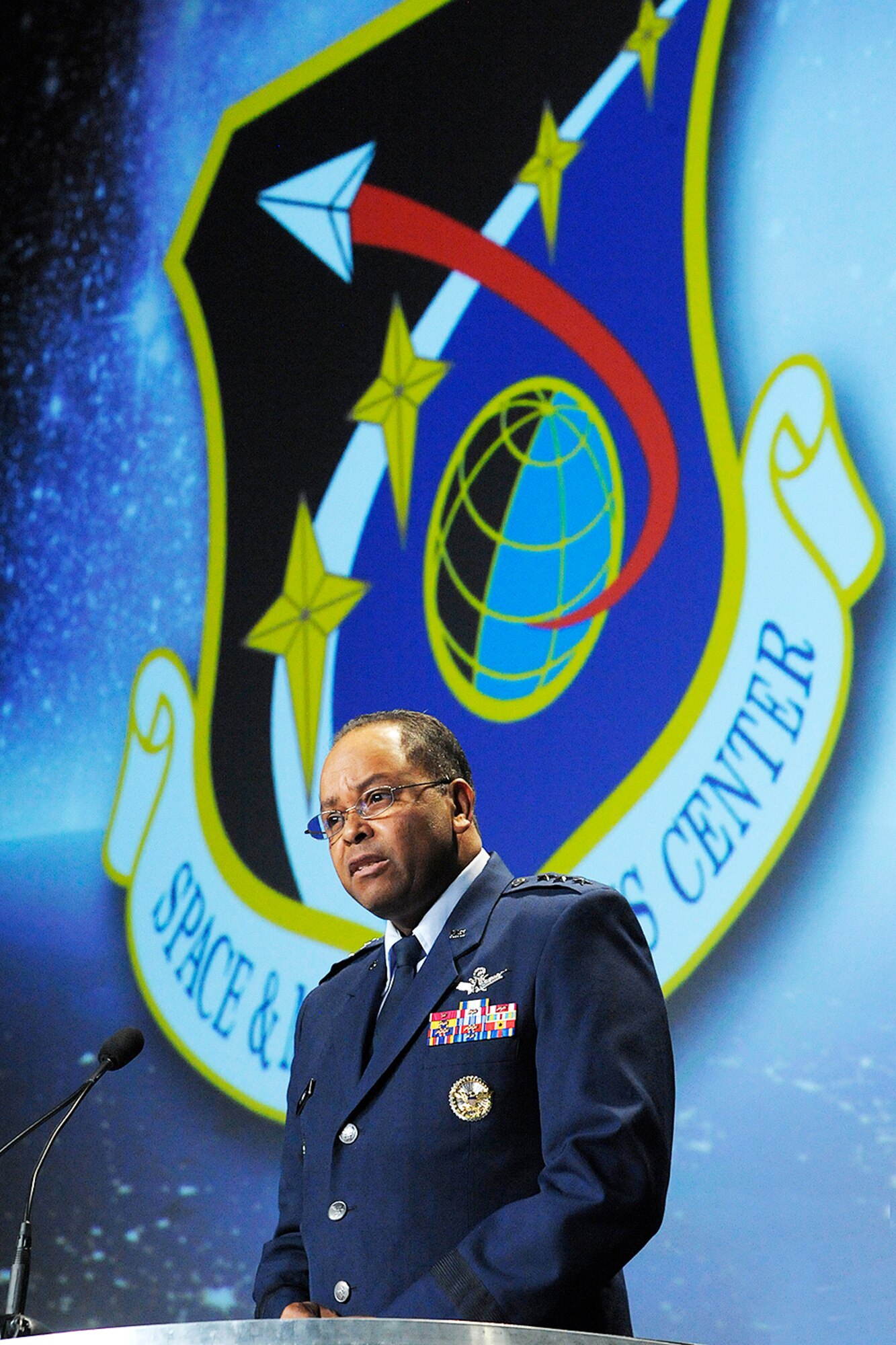 Lt. Gen. Samuel A. Greaves, commander of the Air Force's Space and Missile Systems Center, spoke at the 2015 Space Symposium in Colorado Springs, Colo., on April. 16.  He highlighted how space is essential to the warfighter's capability; how space is changing, and how SMC must change; launch competition and new development; and space risk reduction for resilience and affordability.  (U.S. Air Force photo by Duncan Wood)
