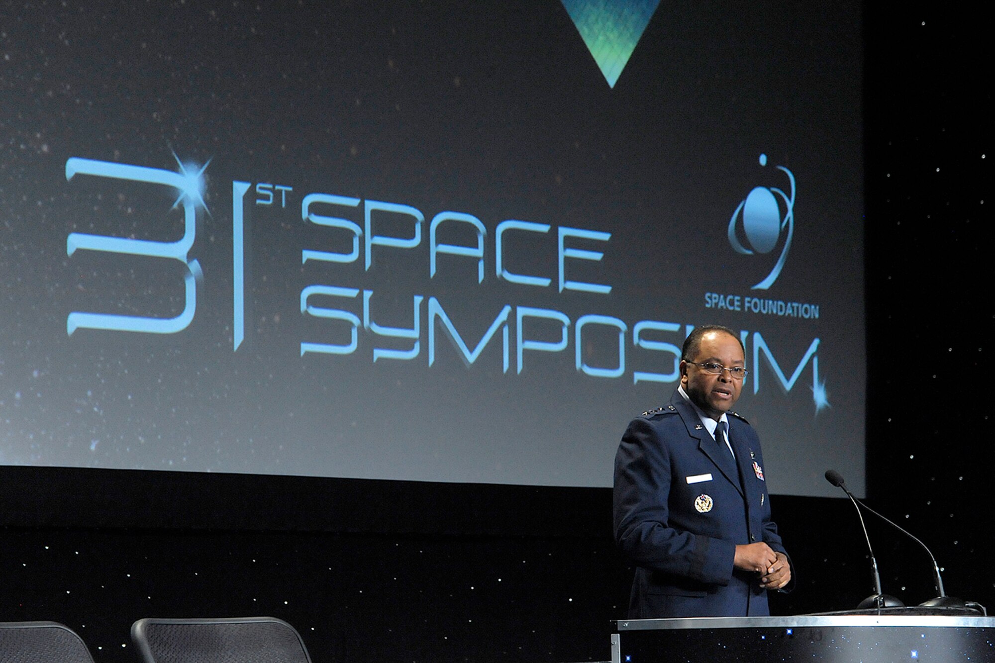 Lt. Gen. Samuel A. Greaves, commander of the Air Force's Space and Missile Systems Center, spoke at the 2015 Space Symposium in Colorado Springs, Colo., on April. 16.  He highlighted how space is essential to the warfighter's capability; how space is changing, and how SMC must change; launch competition and new development; and space risk reduction for resilience and affordability.  (U.S. Air Force photo by Duncan Wood)
