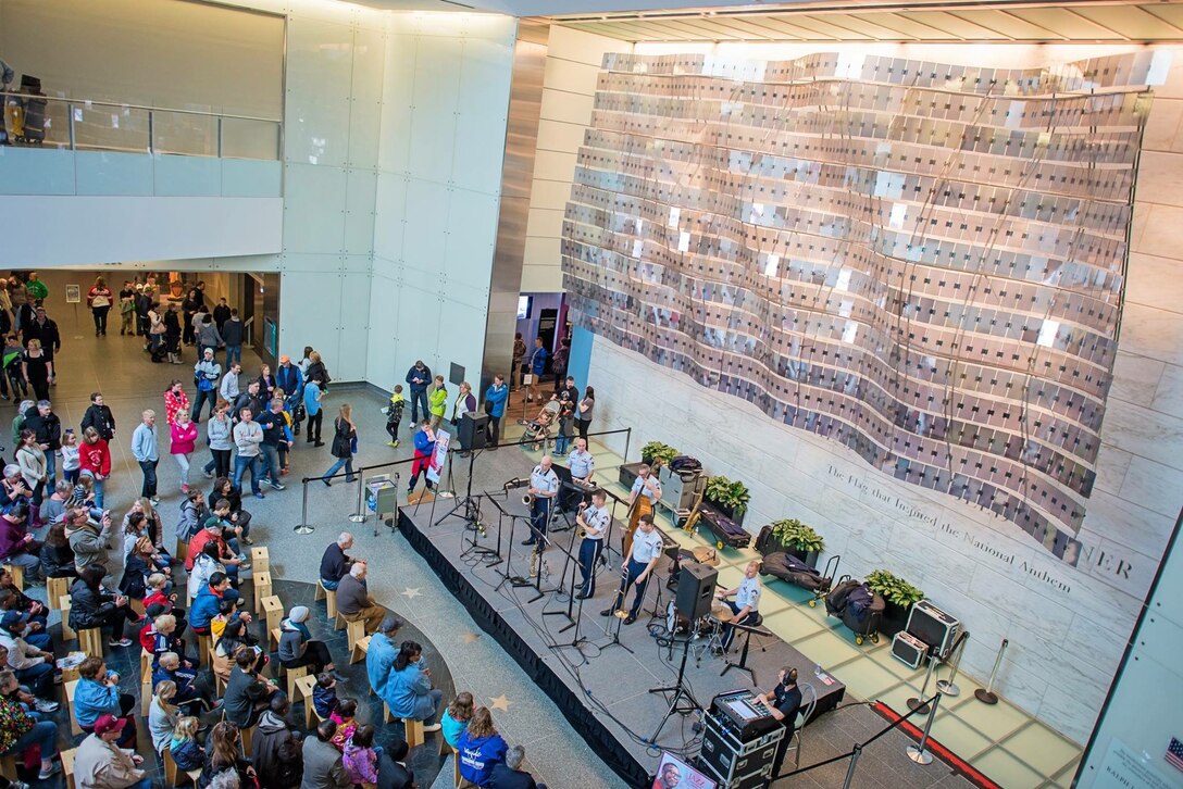 A sextet from the Airmen of Note performed three sets in the main hall of the National
Museum of American History for the Smithsonian's Jazz Appreciation Month
series.  (U.S. Air Force Photo by Senior Master Sgt Kevin Burns/released)
