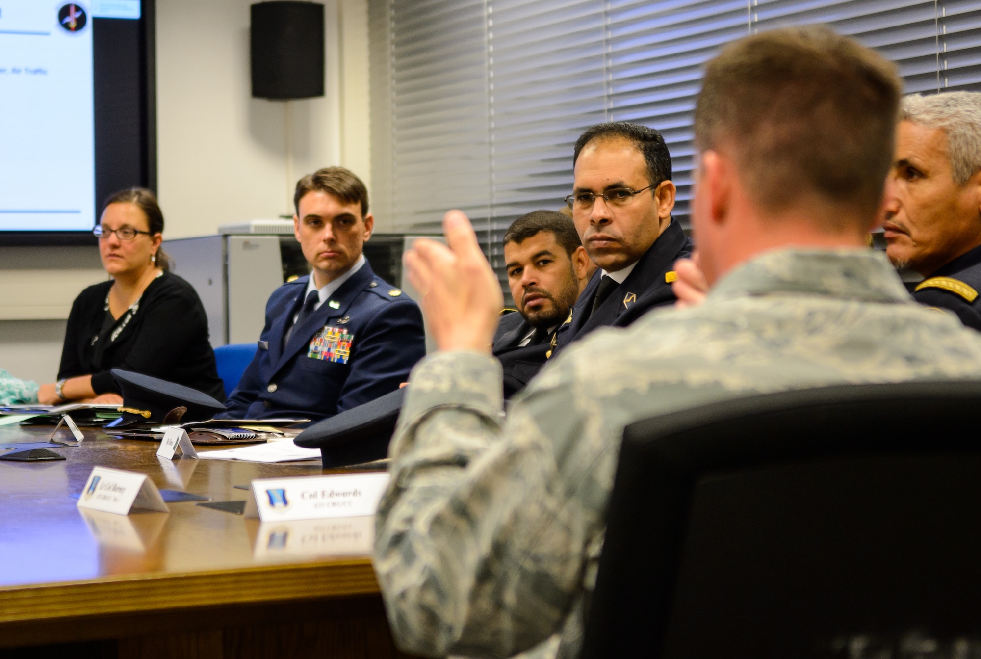 Senior leaders from the Mauritanian air force listen to Col. Steven Edwards, 435th Contingency Response Group commander, April 22, 2015, at Ramstein Air Base, Germany. The visit is just one of many events designed to strengthen and build partnerships between the U.S. and its allies. (U.S. Air Force photo/Staff Sgt. Armando A. Schwier-Morales) 