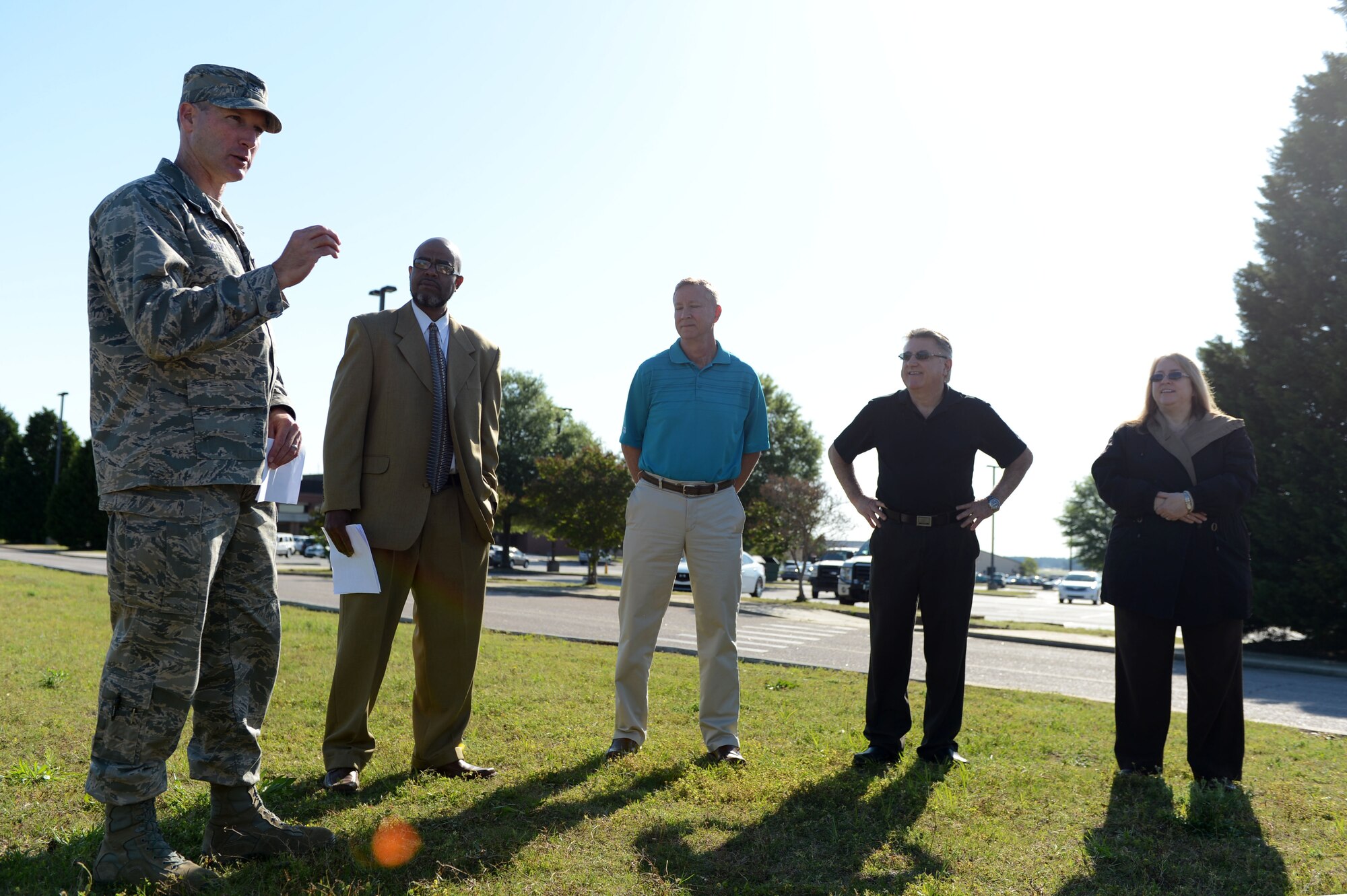 U.S. Air Force Col. Stephen Jost, 20th Fighter Wing commander, speaks during an Arbor Day celebration at Shaw Air Force Base, S.C., April 22, 2015. Members of the 20th FW gathered to plant a Bald Cyprus and reflect on the importance of trees to daily life. (U.S. Air Force photo by Senior Airman Jensen Stidham/Released)