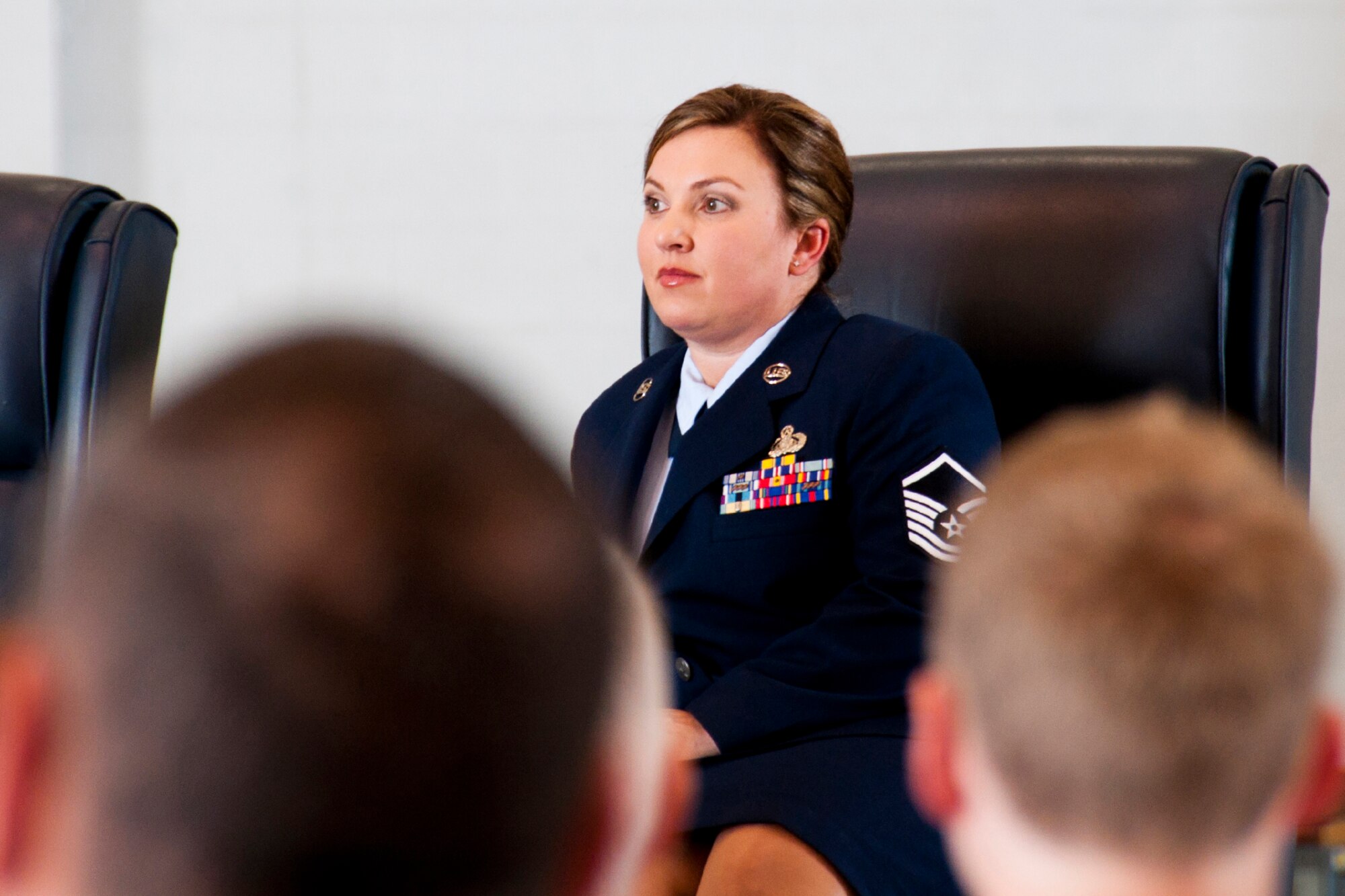 U.S. Air Force Master Sgt. Carolyn Gray, 307th Maintenance Squadron
operations management technician, listens to a speech during her retirement
ceremony at Barksdale Air Force Base, La., April 25, 2015.   She retired
after more than 20 years of service in a variety of different career fields.
A native of Bossier City, La., Gray spent her entire career in the Air Force
Reserve at Barksdale AFB.  (U.S. Air Force photo by Tech.Sgt. Ted
Daigle/Released)