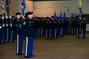 U.S. Army Soldiers from the 128th Aviation Brigade stand in formation during a change of responsibility ceremony at Fort Eustis, Va., April 24, 2015. Soldiers from every company within the brigade stood in the formation welcoming their new command sergeant major. (U.S. Air Force photo by Senior Airman Kimberly Nagle/Released)  