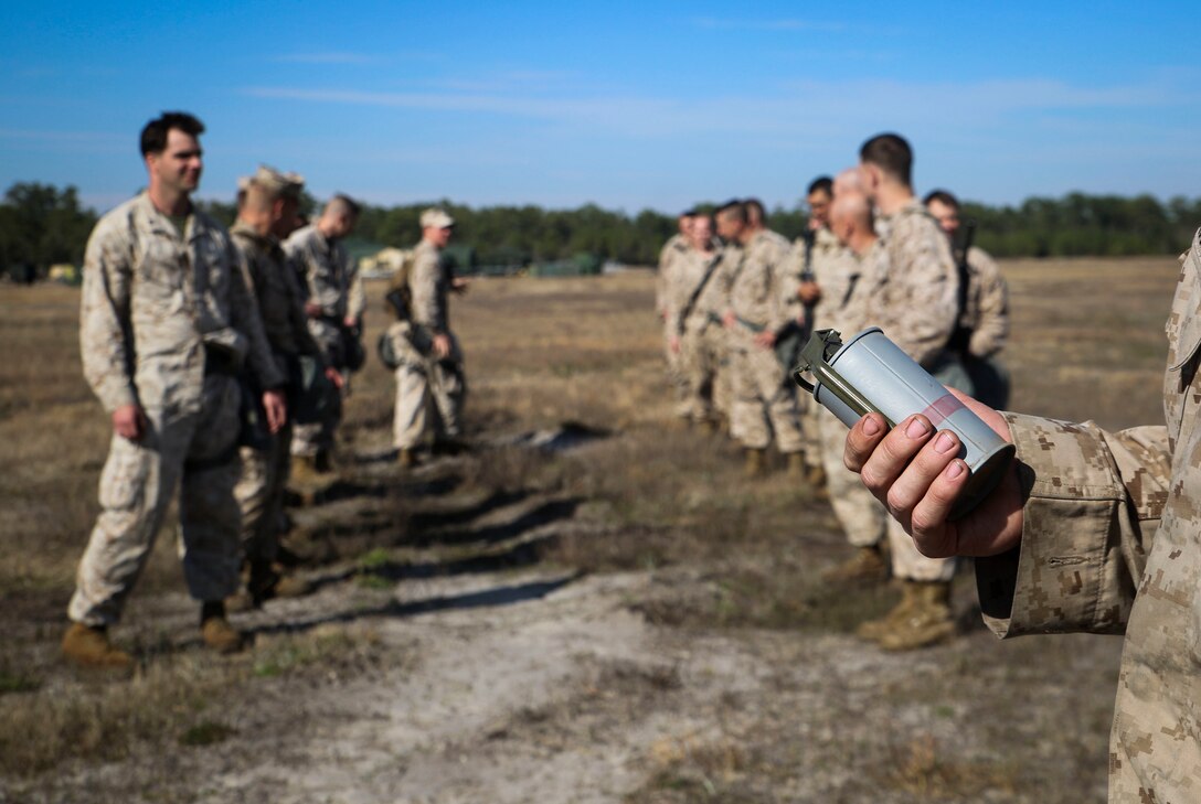 Marines await the release of CS gas during an outdoor gas chamber exercise as part of a II MEF Headquarters Group field exercise aboard Marine Corps Base Camp Lejeune, N.C., March 12-19, 2015. All Marines must endure the gas chamber once a year as part of annual training requirements. (Marine Corps Photo by Cpl. Chelsea D. Toombs/Released)
